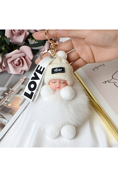 Choice white Pompom Sleeping Baby Keychain Cute Fluffy Plush Doll Keyholder W...