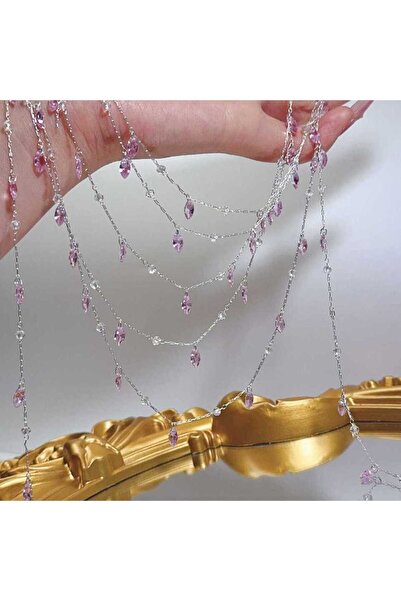 Choice سلسلة نحاسية بطول متر واحد، لون فضي، مع قلادة من كريستال الزركون الورد...