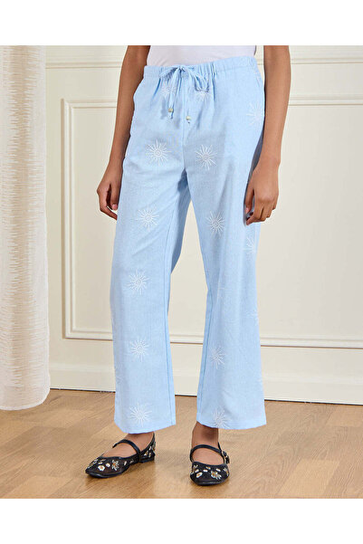 REDTAG Senior Girls Blue Wideleg Embroidered Pants