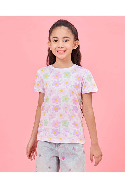 REDTAG Girls White Floral Print T- Shirt