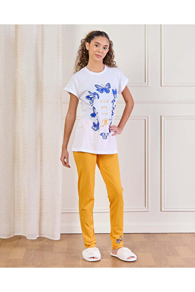 REDTAG Senior Girls White And Yellow Print Pyjama Set (2 Piece)