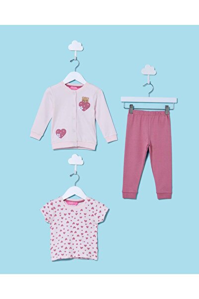 REDTAG طقم رياضي مطبوع باللون الوردي للفتيات الصغيرات (3 قطع)