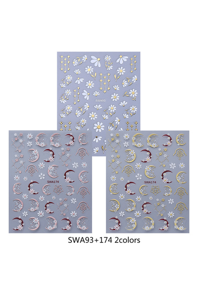 Choice SWA93 174 2colors 3pcs Flower Nail Stickers Metallic Moon Florals Daisy Petals Pattern Nail Decals B