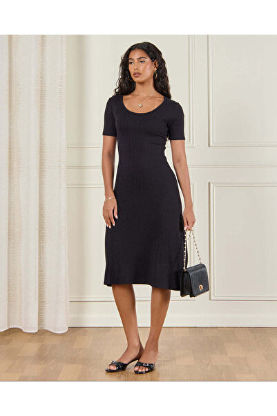 REDTAG Women Black Ribbed Midi Dress