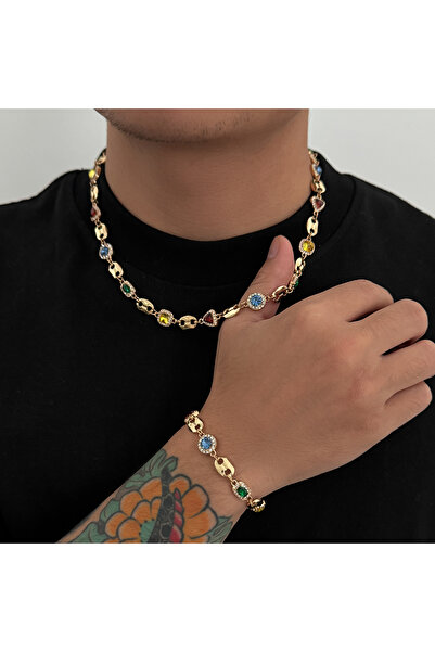 Choice طقم ذهبي فاخر وعصري من ساليركون، يتألف من قلادة وسوار مرصعين بأحجار ال...