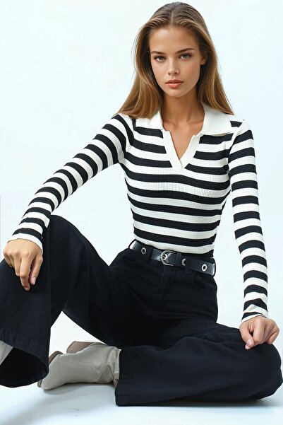 Trend Alaçatı Stili Women's Ecru Striped Polo Neck Long Sleeve Knit Blouse Vs...
