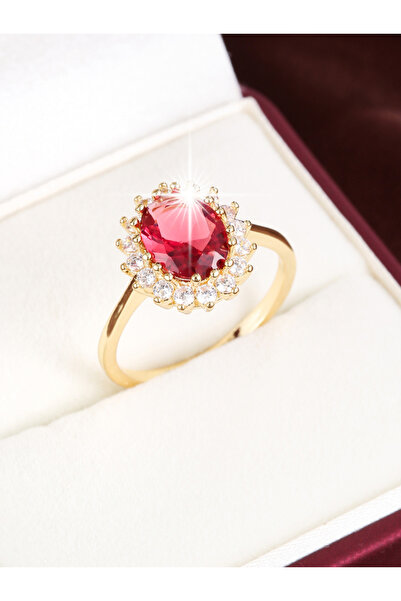 Choice خاتم نسائي بيضاوي ذهبي أحمر أنيق مرصع بالزركونيا الصناعية، مثالي لحفلات الزفاف والخطوبة والمناسبات الرسمية.
