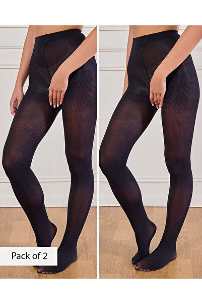 REDTAG Women Black Rib Jacquard Tights (Pack of 2)