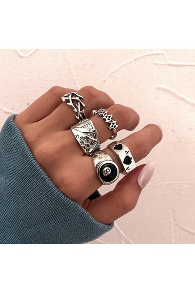 Choice طقم خاتم بوكر بانك قوطي للنساء، بتصميم عتيق، لون فضي، على شكل أوراق ال...