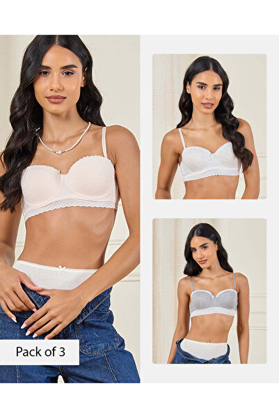 REDTAG Women Plain Assorted Rib Balconette Bra With Lace (Pack Of 3)