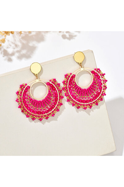 Choice أقراط نسائية بتصميم بوهيمي وردي اللون على شكل مروحة مزينة بخرز ملون، م...