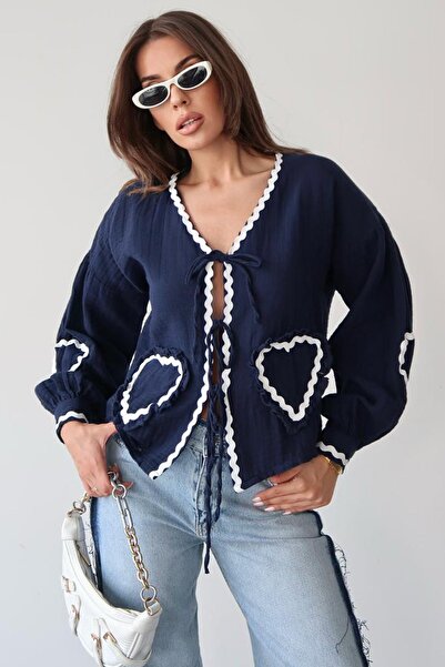Trend Alaçatı Stili Women's Navy Blue Heart Embroidered Tie-Up Transitional J...