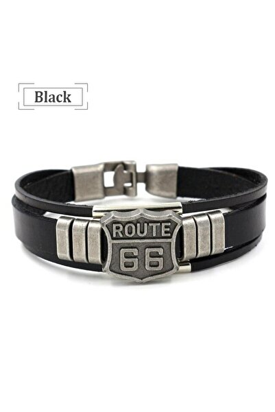 Choice Black American Roadtrip Gift - Route 66 Printed Leather/Metal Bracelet...