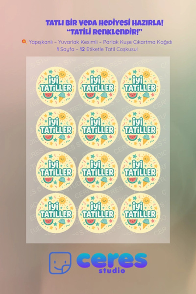 Ceres Studio İyi Tatiller Sticker Seti K9- 12 Adet Yuvarlak Etiket | Yapışkan...