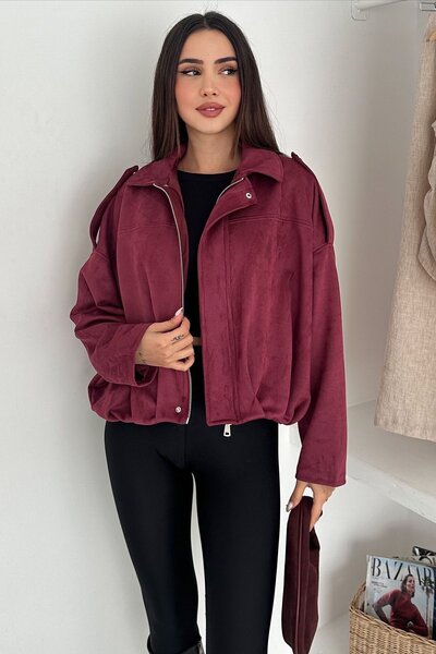 Trend Alaçatı Stili Women's Burgundy Oversized Suede Zippered Jacket Vs01267
