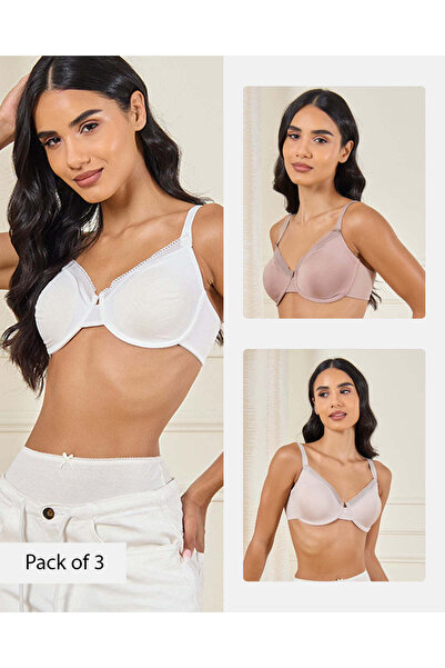 REDTAG Women Plain Non-Padded Bra With Lace (Pack Of 3)