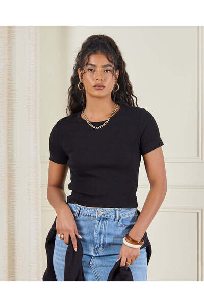 REDTAG Women Black Plain Short Sleeve Rib T-Shirt