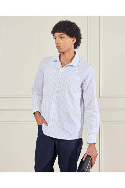 REDTAG Men Blue Striped Long Shirt Formal Shirt