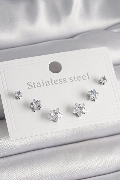 shopwave طقم أقراط نسائية من الفولاذ الفضي اللون 316L بحجر الزركون على شكل نج...