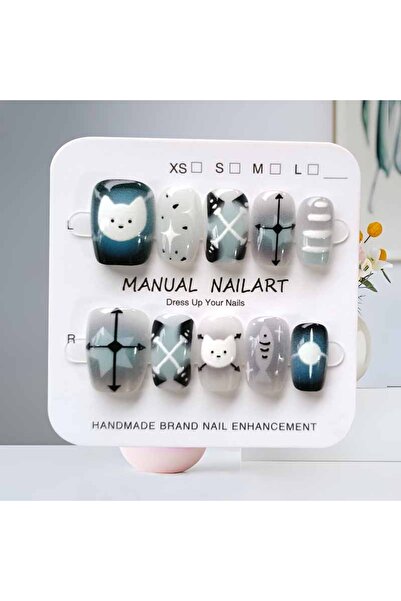 Choice النمط 2-XS، 10 قطع، أظافر لاصقة يدوية الصنع بتصميم قطة سوداء لطيفة برس...