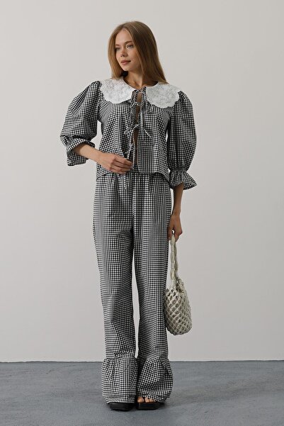 Trend Alaçatı Stili Women's Black Tie-Dye Detailed Blouse and Pants Set with Elastic Sleeves Vs00596