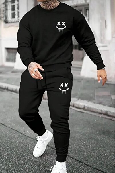 CAST COLLECTİON طقم سويت شيرت رجالي أسود XX Smiley مطبوع برقبة دائرية