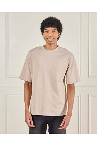 REDTAG Men Plain Beige Round Neck Interlock T-Shirt