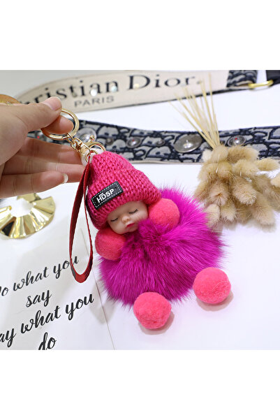 Choice rose pink Pompom Sleeping Baby Keychain Cute Fluffy Plush Doll Keyhold...