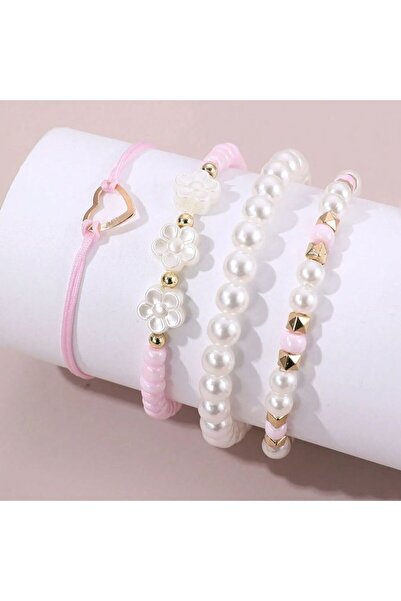 Choice سوار أطفال وردي لطيف بتصميم حلو، مزين بخرز لؤلؤ صناعي على شكل حبات أرز، مكون من 4 قطع