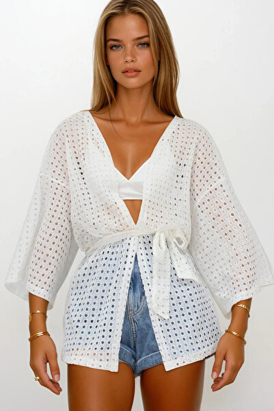 VAGGON Women's White Lace Kimono Jacket with Lace Detailing Vs00278