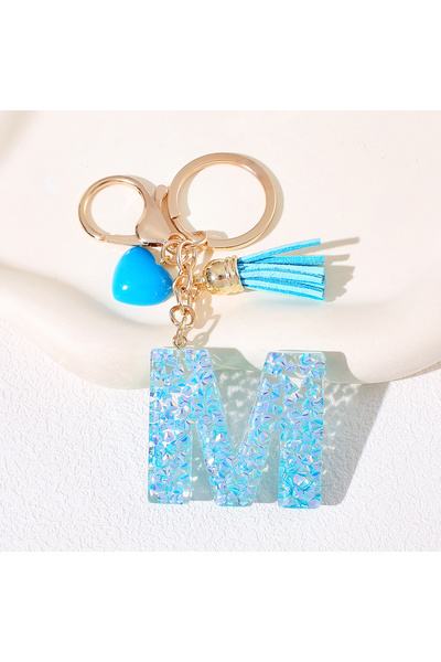 Choice M Alphabet Keychain With Tassel And Heart Charm Blue Glitter Resin Let...
