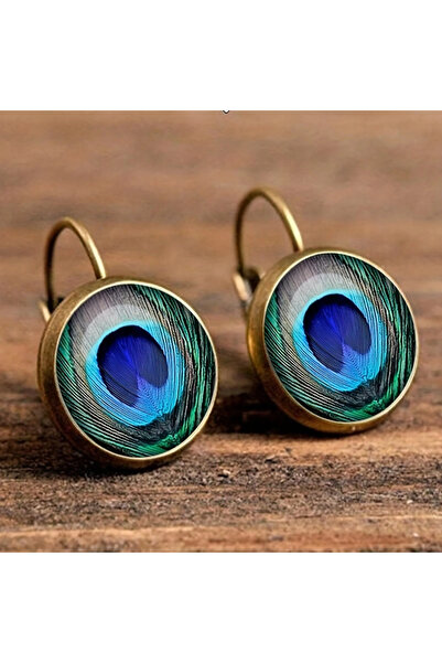 Choice أقراط عتيقة من البرونز بتصميم ريشة طاووس خضراء للنساء، أقراط كابوشون ز...