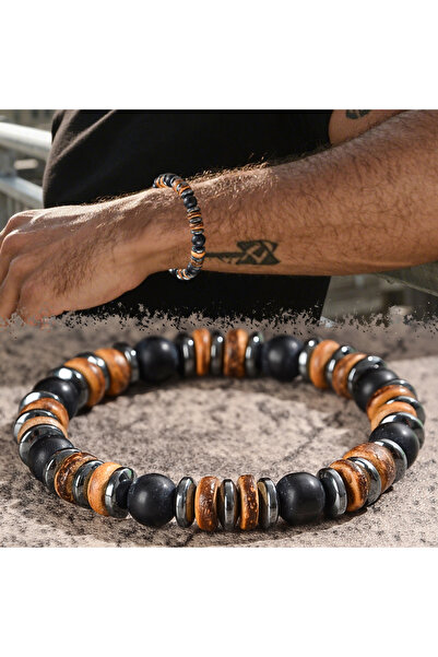 Choice style C Men's Lava and Wood Bead Bracelet, Embellished with Hematite, ...