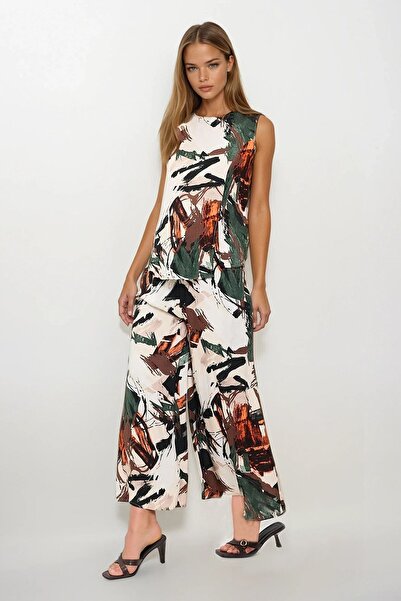 Trend Alaçatı Stili Women's Ecru Green Tie-Waist Double Pocket Pants and Blou...