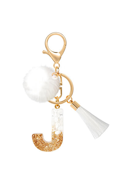 Choice سلسلة مفاتيح نسائية من الراتنج الإبداعي، مزينة بكرة فرو بيضاء مزينة بشراشيب، من الألف إلى الياء، تُستخدم كزينة للحقائب والسيارات.