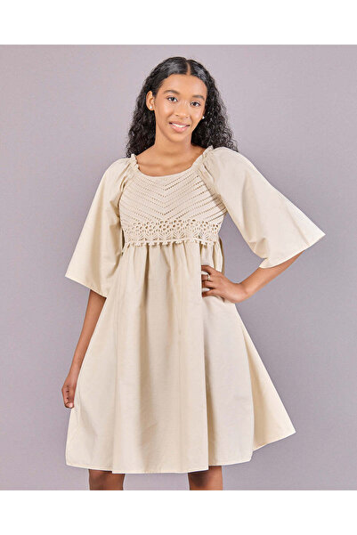 REDTAG Senior Girls Beige Crochet Embellished Dress