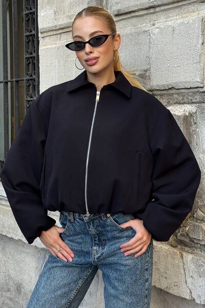 Trend Alaçatı Stili Women's Black Shirt Collar Bomber Jacket with Elastic Waist and Sleeves Lined Vs01394