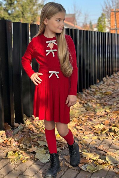 Riccotarz Girl's Crew Neck Sweater with Ribbon Detail on the Front, Pleated K...