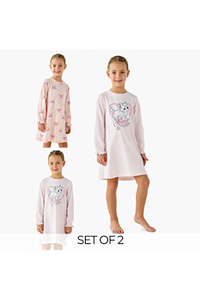 Juniors Printed Night Dress with Long Sleeves - Set of 2