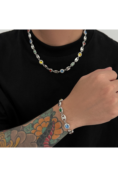 Choice طقم فضي أنيق وعصري من ساليركون، يتألف من قلادة وسوار مرصعين بأحجار الر...