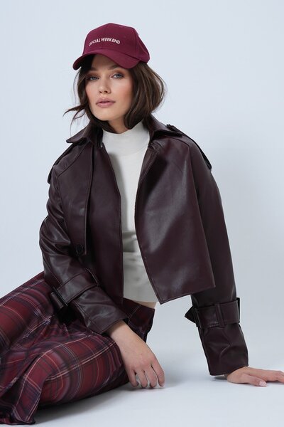 Trend Alaçatı Stili Women's Maroon Buckle Detailed Oversized Faux Leather Jacket Vs01390