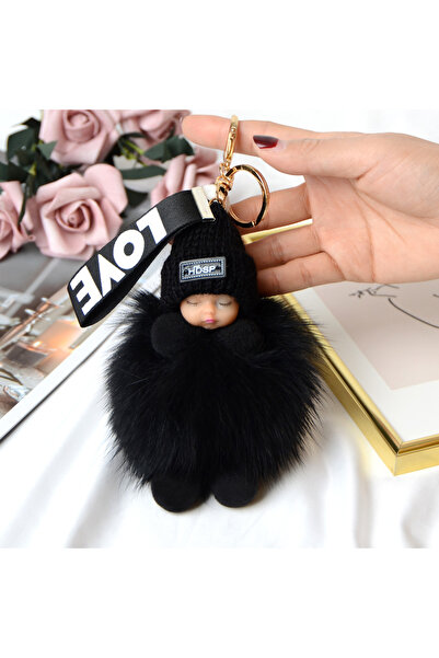 Choice black Pompom Sleeping Baby Keychain Cute Fluffy Plush Doll Keyholder W...