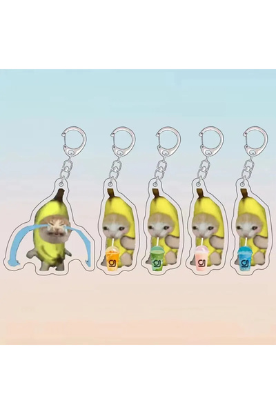 Choice set 1 Happy Banana Cat Pendant Keychain Funny Cartoon Food Fruit Lanya...
