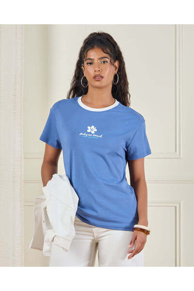 REDTAG Women Blue Printed Round Neck T-Shirt