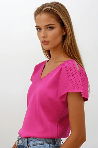 Trend Alaçatı Stili Women's Fuchsia Openwork Sleeves Slit Detailed Knitwear B...