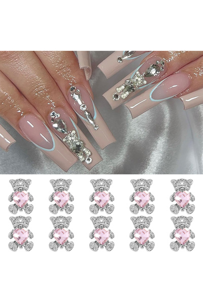 Choice 10 قطع من مجوهرات الأظافر الفضية الوردية على شكل دب، مصنوعة من سبيكة م...