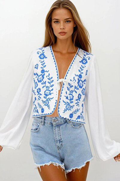 Trend Alaçatı Stili سترة نسائية قصيرة مطرزة باللون الأزرق من Ceten Vs00235