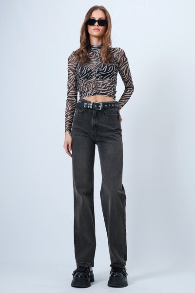 Trend Alaçatı Stili Women's Anthracite High Waist Straight Leg 5 Pocket Denim Pants Vs01355