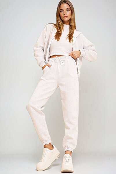 Trend Alaçatı Stili Women's Gri̇melanj 3 Thread Inside Shar Fleece-Lined Gging Sweatpants Prm1333