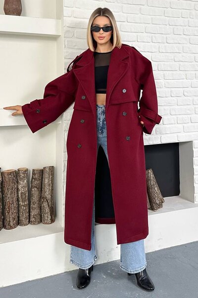 Trend Alaçatı Stili Women's Burgundy Oversized Belted Double Breasted Unlined Long Coat Vs01605